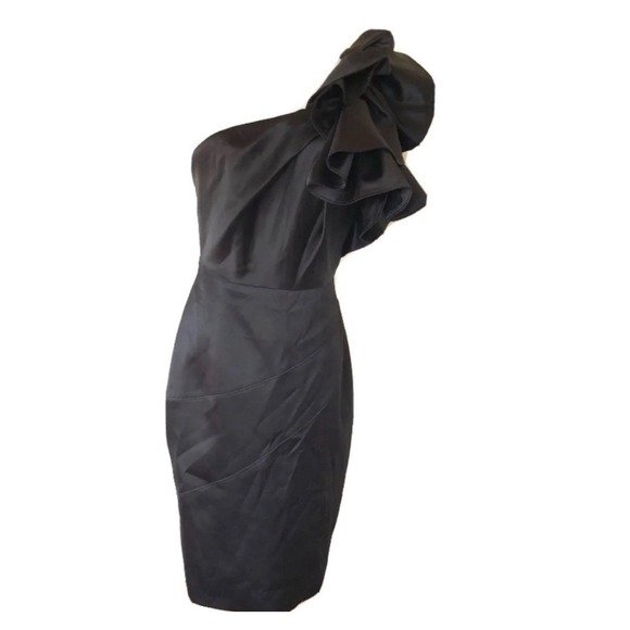 Karen Millen Black Satin One Shoulder Ruffle Mini Dress Formal Size‎ 8 Cocktail - Picture 2 of 8